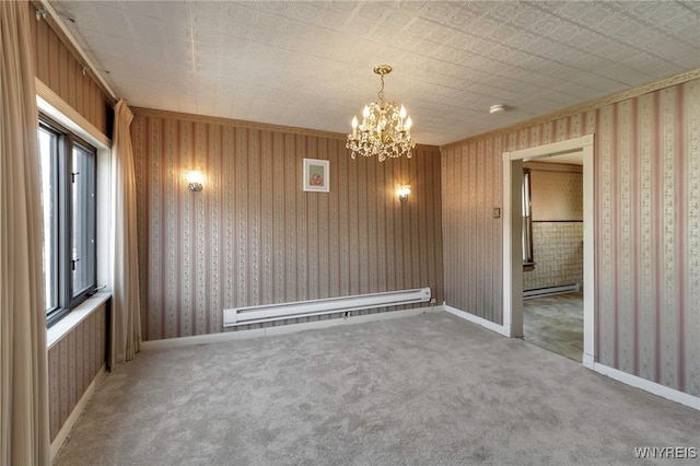 unfurnished dining area with a baseboard radiator, an inviting chandelier, carpet flooring, and wallpapered walls