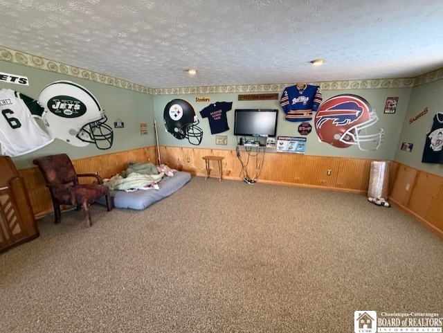 workout area featuring carpet, wooden walls, a textured ceiling, and wainscoting