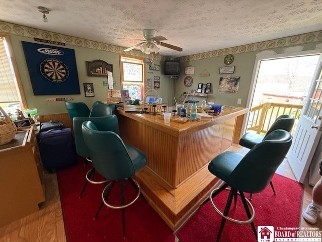 bar featuring a ceiling fan, wood finished floors, a textured ceiling, and bar area