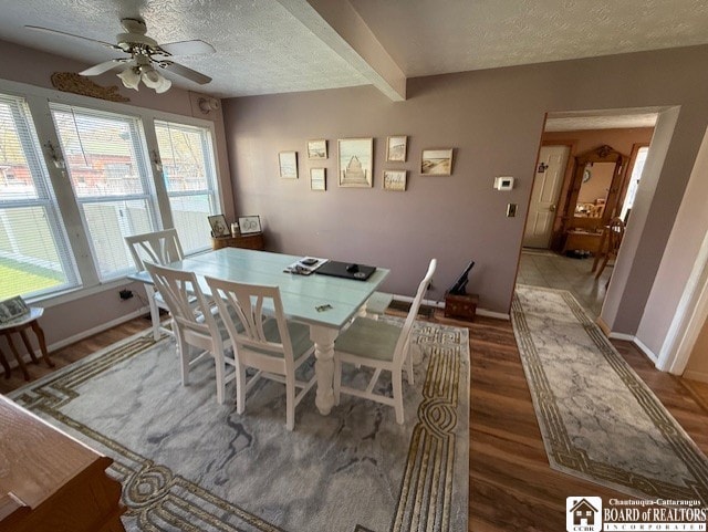 dining area with a wealth of natural light, wood finished floors, a ceiling fan, and a textured ceiling