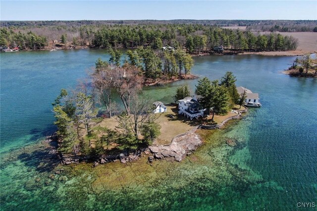 bird's eye view featuring a wooded view and a water view