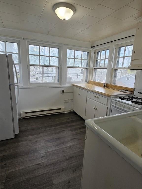 clothes washing area with a baseboard radiator and dark wood-style floors