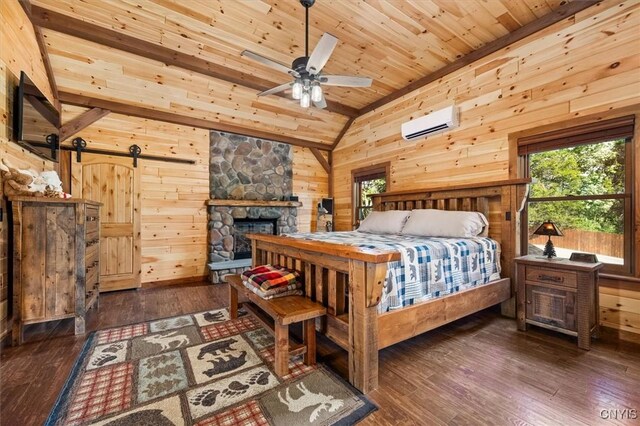 42795 Paynes Lake Camp Rd, Antwerp, NY 13608 - bedroom featuring hardwood / wood-style flooring, wooden walls, a wall mounted air conditioner, lofted ceiling, and wooden ceiling