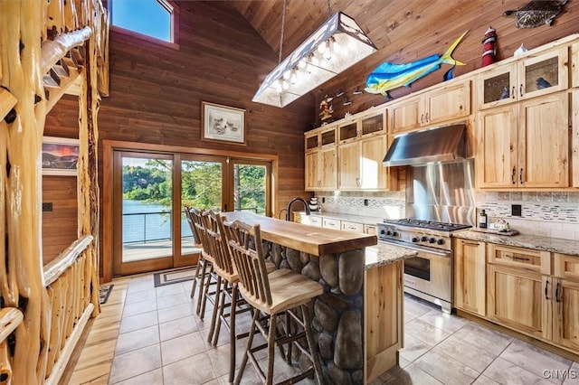 42795 Paynes Lake Camp Rd, Antwerp, NY 13608 - kitchen with plenty of natural light, stainless steel range, light brown cabinetry, and under cabinet range hood