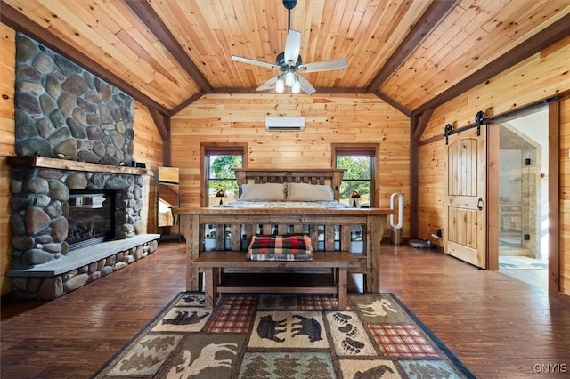 42795 Paynes Lake Camp Rd, Antwerp, NY 13608 - bedroom with an AC wall unit, wooden ceiling, vaulted ceiling with beams, wood finished floors, and wooden walls