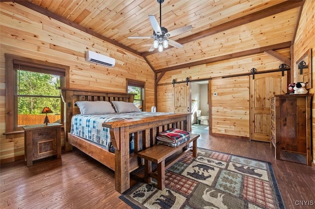 42795 Paynes Lake Camp Rd, Antwerp, NY 13608 - bedroom featuring a barn door, lofted ceiling, a wall mounted air conditioner, wooden walls, and wood ceiling
