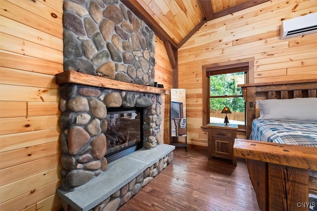 42795 Paynes Lake Camp Rd, Antwerp, NY 13608 - bedroom featuring wood walls, vaulted ceiling with beams, a wall unit AC, wood ceiling, and dark wood-style flooring