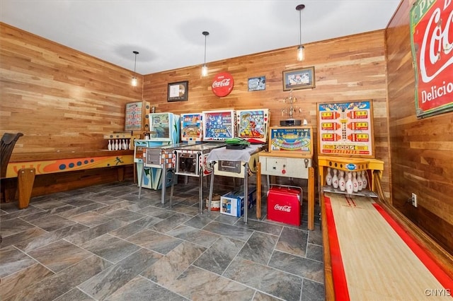 42795 Paynes Lake Camp Rd, Antwerp, NY 13608 - game room with wooden walls and stone finish flooring