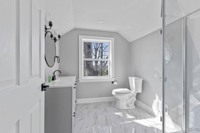 full bathroom with toilet, baseboards, lofted ceiling, marble finish floor, and vanity