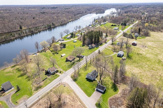 aerial view featuring a forest view and a water view