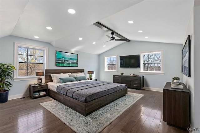 bedroom with baseboards, vaulted ceiling with beams, and dark wood-style floors