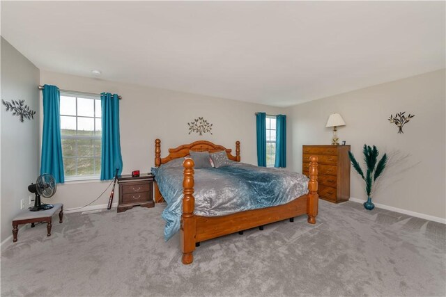 bedroom featuring carpet, baseboards, and multiple windows