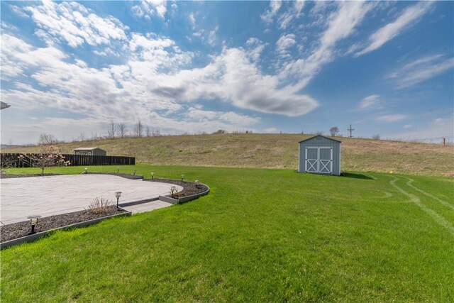 view of yard with an outdoor structure, a patio area, and a storage unit
