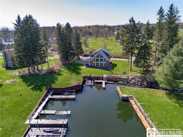 aerial view featuring a water view