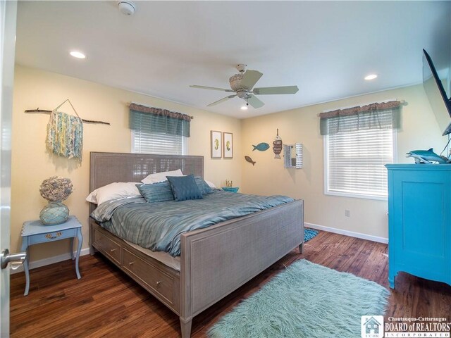bedroom featuring ceiling fan, baseboards, wood finished floors, and recessed lighting