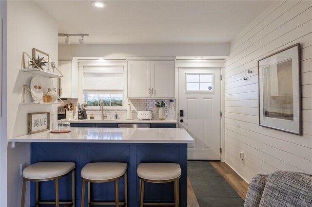 bar featuring dark wood-style floors, a sink, recessed lighting, backsplash, and wooden walls
