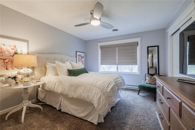 bedroom featuring carpet flooring, baseboard heating, and multiple windows