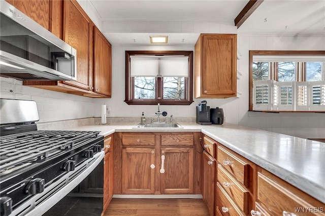 kitchen with brown cabinets, a healthy amount of sunlight, appliances with stainless steel finishes, and a sink