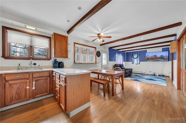 kitchen featuring baseboard heating, brown cabinetry, open floor plan, light wood-style flooring, and beam ceiling