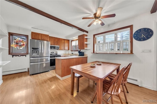 kitchen with a baseboard radiator, appliances with stainless steel finishes, brown cabinets, and a peninsula