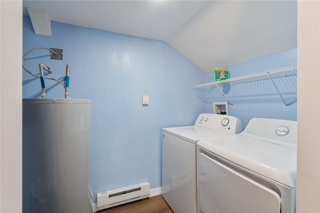 laundry area with water heater, dark wood-style floors, laundry area, washer and dryer, and baseboard heating
