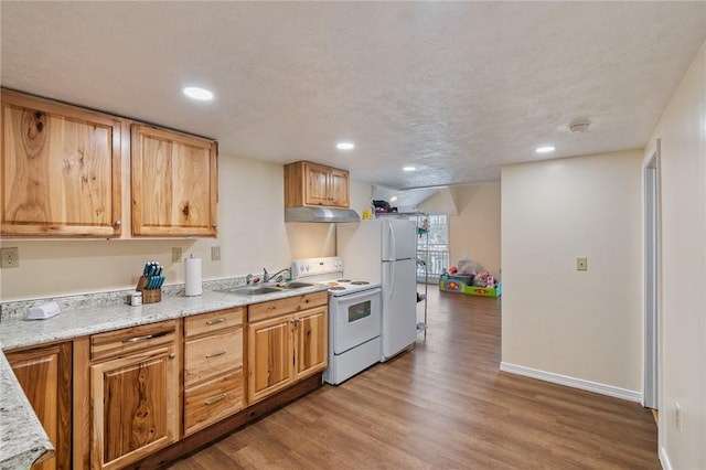 kitchen featuring light wood finished floors, a sink, under cabinet range hood, and white appliances