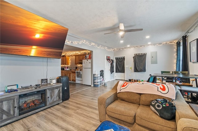 living area featuring light wood-style floors, electric panel, and a ceiling fan