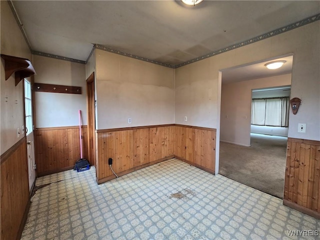 spare room with wainscoting and wood walls