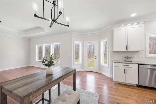 7717 Roberts St, Lenox, NY 13032 - interior space with crown molding, a chandelier, light wood-type flooring, baseboards, and recessed lighting