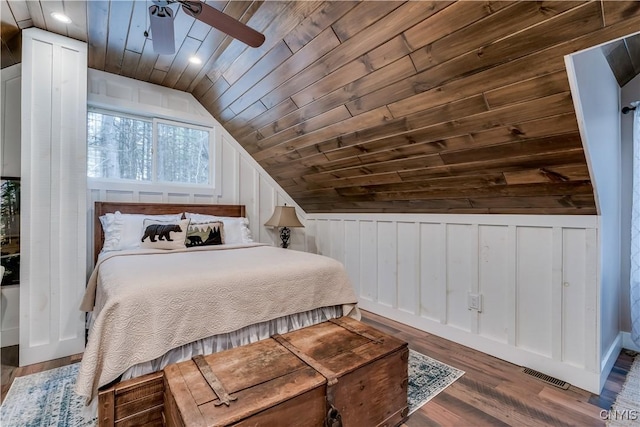 5410 N Shore Rd, Greig, NY 13312 - bedroom with wood walls, vaulted ceiling, visible vents, wood finished floors, and wood ceiling