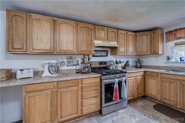 5410 N Shore Rd, Greig, NY 13312 - kitchen featuring under cabinet range hood, light countertops, gas stove, and a sink