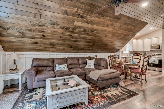 5410 N Shore Rd, Greig, NY 13312 - living room featuring recessed lighting, lofted ceiling, wood finished floors, a ceiling fan, and wood ceiling