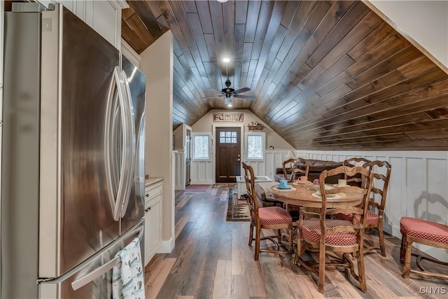 5410 N Shore Rd, Greig, NY 13312 - dining space with vaulted ceiling, a ceiling fan, hardwood / wood-style flooring, and wooden ceiling