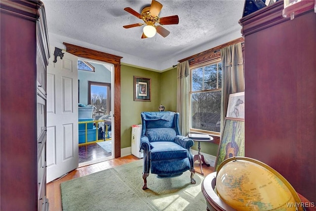 living area with ceiling fan, wood finished floors, a textured ceiling, and plenty of natural light