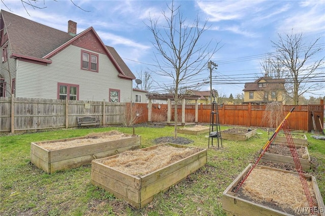 view of yard with a fenced backyard and a garden