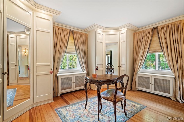 home office with light wood finished floors, radiator heating unit, and a wealth of natural light