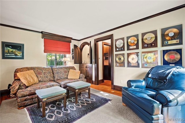living area featuring wood finished floors, baseboards, arched walkways, and ornamental molding