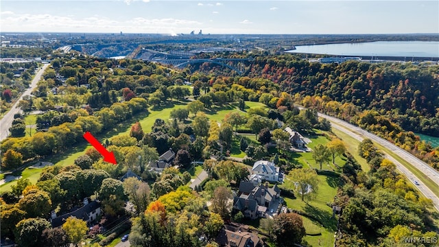 drone / aerial view featuring a water view