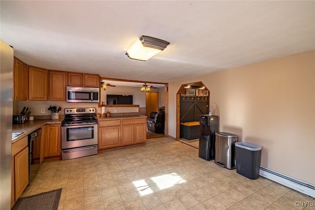 kitchen with a baseboard radiator, dark countertops, brown cabinetry, stainless steel appliances, and a peninsula