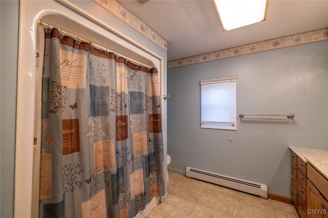 bathroom with toilet, a baseboard heating unit, vanity, a shower with curtain, and baseboards