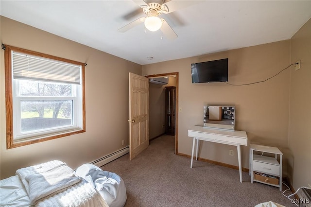 carpeted bedroom featuring a wall mounted air conditioner, a baseboard radiator, baseboards, and ceiling fan