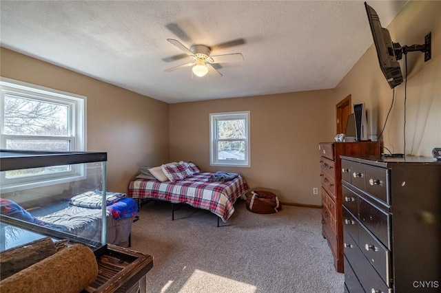 bedroom featuring a ceiling fan, carpet, and a textured ceiling