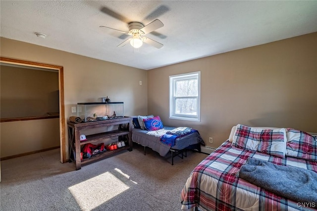 bedroom featuring carpet, baseboards, and ceiling fan