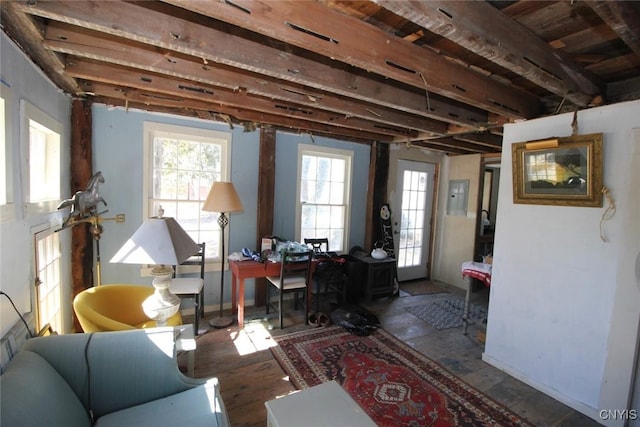 living area featuring a healthy amount of sunlight and electric panel
