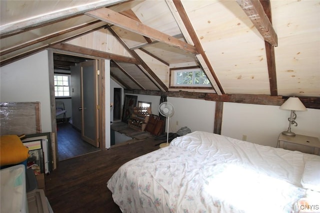 bedroom with wood finished floors, wood ceiling, and lofted ceiling with beams