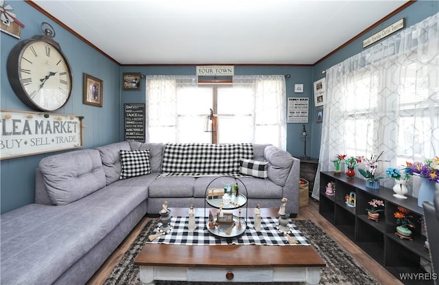 living room featuring ornamental molding and wood finished floors