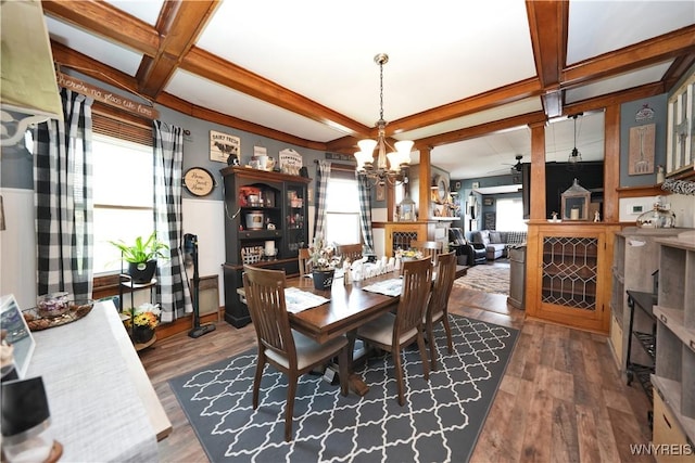 dining room featuring dark wood-type flooring, coffered ceiling, beam ceiling, and ceiling fan with notable chandelier