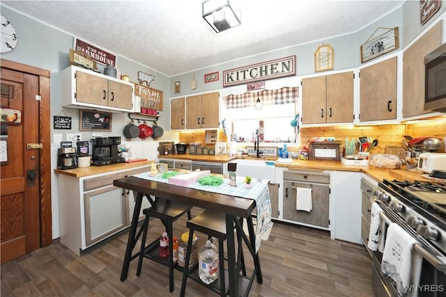 kitchen featuring crown molding, a sink, dark wood-style flooring, and stainless steel appliances