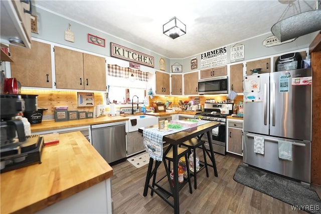 kitchen featuring butcher block countertops, dark wood-type flooring, appliances with stainless steel finishes, a sink, and crown molding