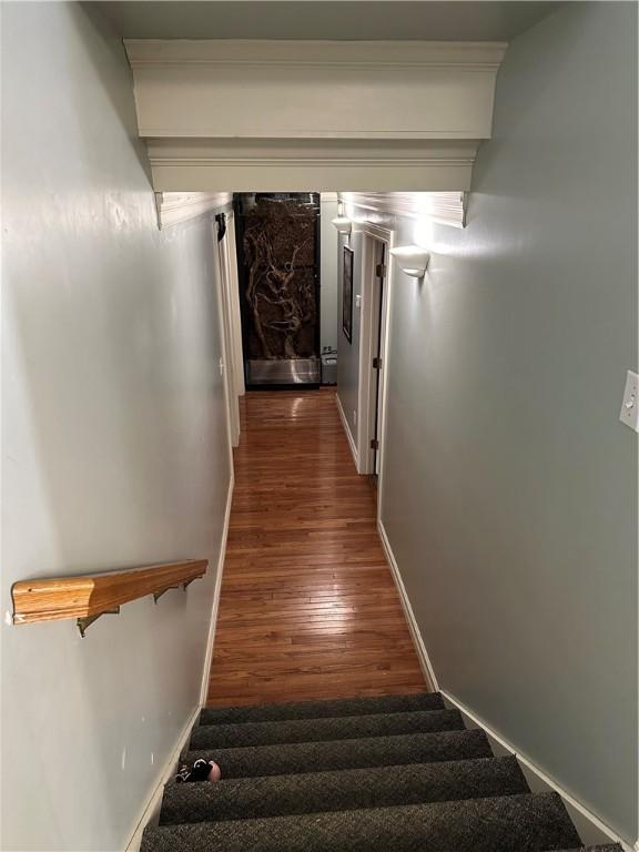 staircase with wood finished floors and baseboards